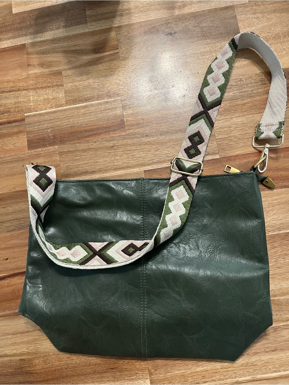Green Vegan Leather Crossbody Tote with Patterned Strap
